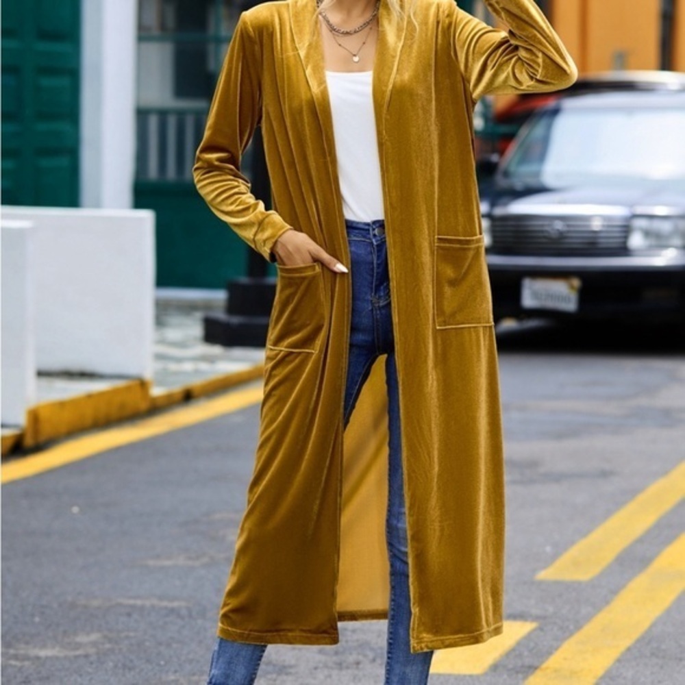 Velvet Open Front Long Cardigan with Pockets